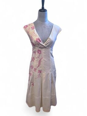 Les Petites Elegant Cream Dress with Pink Floral Embroidery